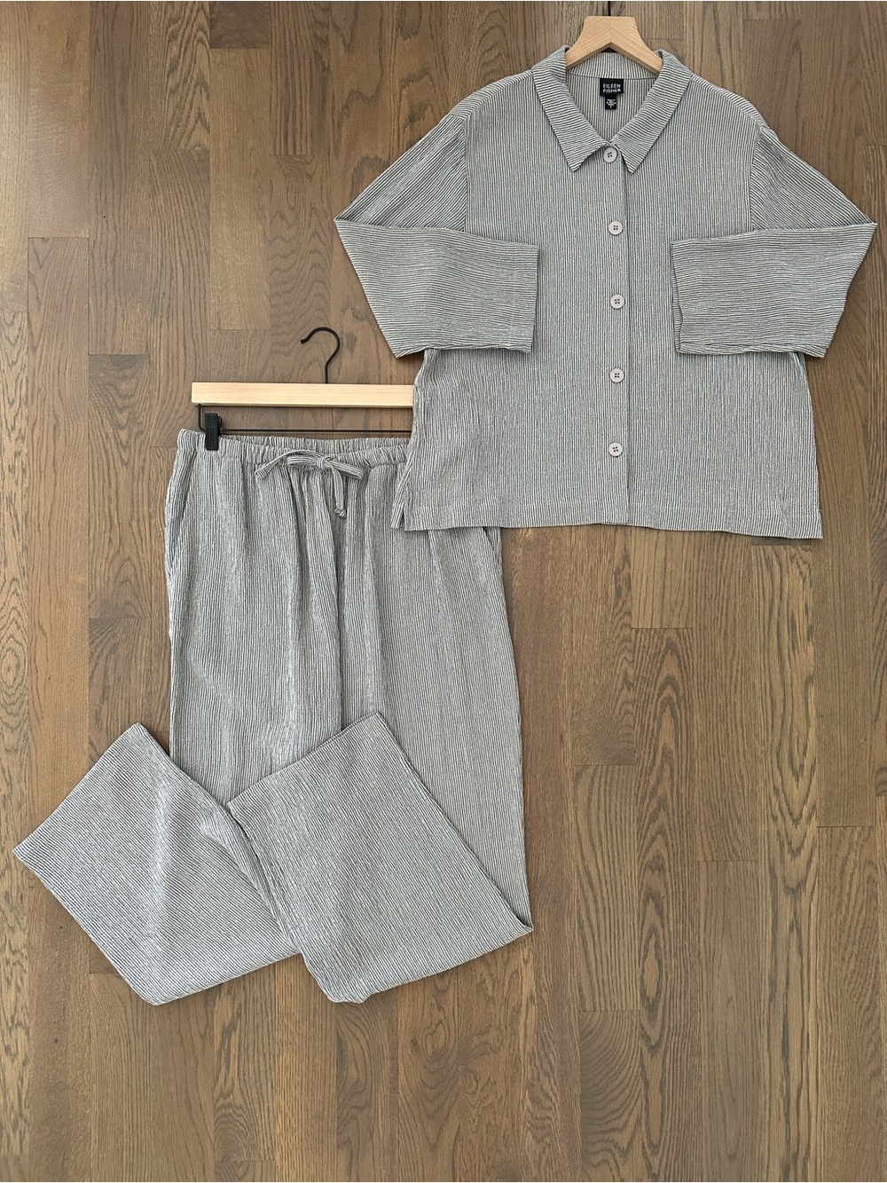 Eileen Fisher Crinkle Linen Blend Pinstripe Gauze Top and Pant Grey Large